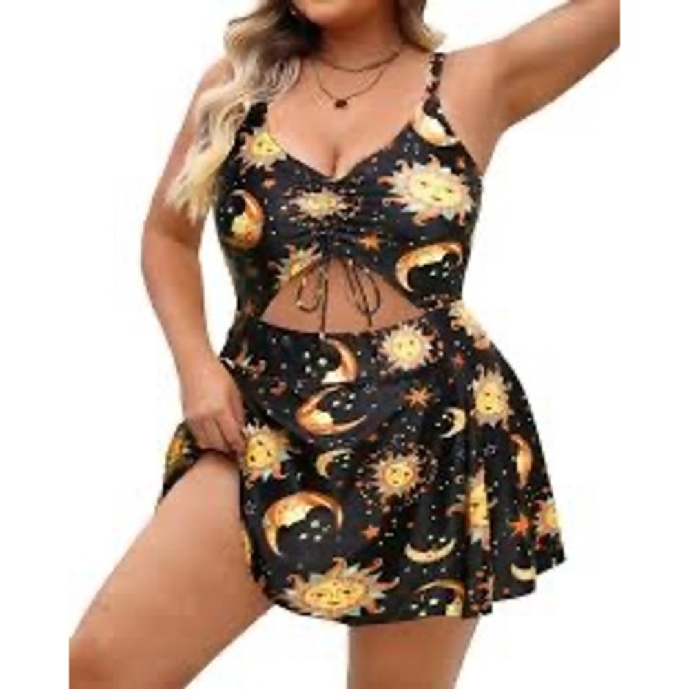 Yonique Women Celestial Sun Moon Print Swim Dress Black Cutout One Piece XXL NWT